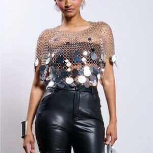Metallic Silver Sequin Chain Metal Top - Women